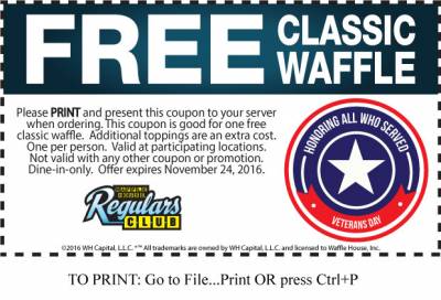 Coupon - 1 Free Classic Waffle at Waffle House for Veterans