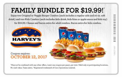 Coupon - 2 Original or Veggie Burger Combos at Harvey's for $19.99