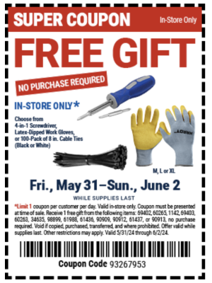 Coupon - Free Gift at Harbor Freight (May 31 to June 2)