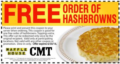 Coupon - Free Hashbrown at Waffle house (Valid Till 30 June 2016)