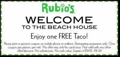 Coupon - Free Taco at Rubio's Beach House