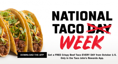 Free Crispy Beef Taco at Taco Johns (Oct 1 to 5)