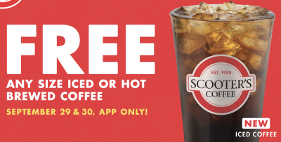 FREE Iced or Hot Brewed Coffee at Scooter's Coffee (Sept 29 and 30)