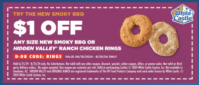 White Castle Coupon - $1 OFF Smoky BBQ or Hidden Valley Ranch Chicken Wings